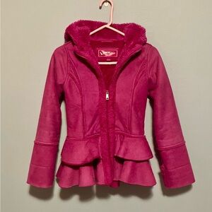 HAWKE & Co. Faux Suede, Faux Fur Lined Ruffled Coat, Fuchsia - Size 10/12 (EUC)
